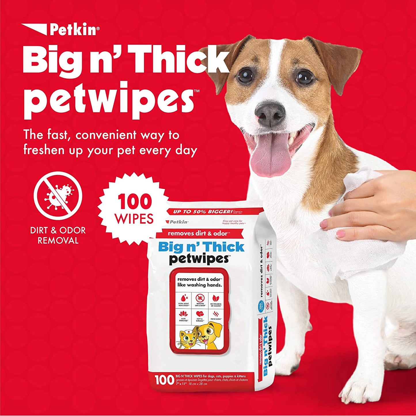 Pet Wipes for Dogs and Cats, 100 Large Wipes - Removes Dirt & Odor like Washing Hands - Cleans Ears, Face, Butt, Eye Area - Convenient, Ideal for Home or Travel - 1 Pack of 100 Wipes