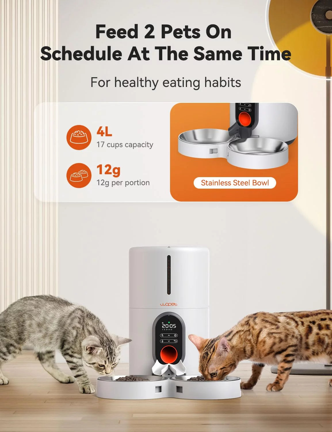 Automatic Cat Feeders for 2 Cats - Timed Dog Food Dispenser with Splitter and Two Stainless Bowls, Cat Feeders 10S Meal Call, 6 Meals per Day for Cats & Small Dogs, White