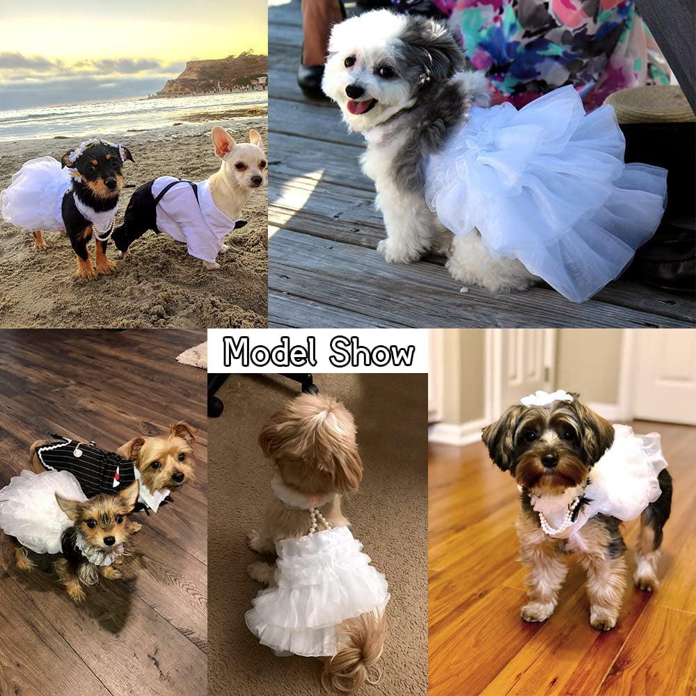 Dog Wedding Dress Bride Outfit with Pearl Necklace and Rose Pet Princess Formal Apparel for Puppy Cat (Large)